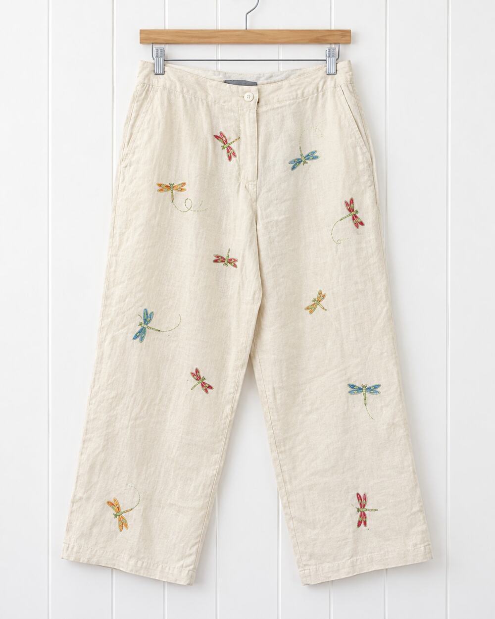 Paraphrase Linen Pants Womens 12 Ivory Embroidered Dragonfly Wide Leg Crop